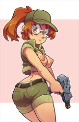 Rule 34 | 1girl, absurdres, ass, belt, border, breasts, brown hair, cowboy shot, dimples of venus, eyelashes, feet out of frame, female focus, fio germi, from behind, glasses, gluteal fold, gun, hat, highres, holding, holding gun, holding weapon, looking back, medium breasts, metal slug, military hat, nipples, panties, panty peek, pink background, ponytail, shiny skin, shorts, simple background, solo, the other half, thighs, underwear, vest, weapon, white border, yellow eyes