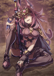 Rule 34 | 1girl, animal ears, armband, boots, breasts, cat ears, cat tail, cleavage, fingerless gloves, gloves, gun, highres, large breasts, long hair, navel, pink hair, rifle, shouma (bravespiritya), sitting, smile, sniper rifle, stomach, tail, thigh boots, tri-brigade ferrijit the barren blossom, weapon, yellow eyes, yu-gi-oh!