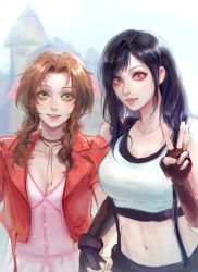 Rule 34 | 2girls, absurdres, aerith gainsborough, bare shoulders, black bra, black gloves, black hair, black skirt, bra, breasts, brown hair, buttons, choker, cleavage, crop top, cropped jacket, dress, final fantasy, final fantasy vii, final fantasy vii remake, fingerless gloves, flower choker, gloves, green eyes, hair ribbon, highres, holding hands, jacket, large breasts, linnea 1126, long hair, looking at viewer, medium breasts, midriff, multiple girls, navel, outdoors, parted bangs, parted lips, pink dress, pink ribbon, red eyes, red jacket, ribbon, shirt, sidelocks, skirt, sleeveless, sleeveless shirt, smile, sports bra, tifa lockhart, underwear, upper body, v, wavy hair, white shirt