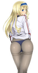 Rule 34 | 10s, 1girl, ass, blonde hair, blue eyes, blush, breasts, cecilia alcott, clothes lift, drill hair, from behind, hairband, infinite stratos, long hair, looking at viewer, looking back, panties, panties under pantyhose, pantyhose, school uniform, simple background, skirt, skirt hold, skirt lift, smile, solo, takatora, thong, underwear