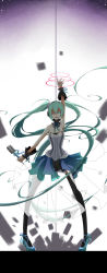 Rule 34 | 1girl, arm up, bad id, bad pixiv id, female focus, gradient background, green hair, hatsune miku, highres, long hair, lyodi, microphone, microphone stand, pigeon-toed, skirt, solo, thighhighs, twintails, very long hair, vocaloid, white background