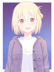 Rule 34 | 1girl, :d, absurdres, blonde hair, blush, bob cut, casual, commentary request, hair ornament, hairpin, highres, jacket, kutatsu (kutatsu7), long sleeves, looking at viewer, lycoris recoil, nishikigi chisato, open clothes, open jacket, open mouth, pocket, red eyes, shirt, short hair, signature, smile, solo, teeth, upper body, upper teeth only, white shirt