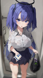 Rule 34 | 1girl, bag, black skirt, blue archive, blush, can, cellphone, collared shirt, door, feet out of frame, hair between eyes, halo, highres, holding, holding phone, indoors, kagemoe1003, long hair, looking at viewer, mechanical halo, monster energy, open mouth, phone, plastic bag, pleated skirt, purple eyes, purple hair, shirt, skirt, smartphone, solo, sweat, two side up, wet, wet clothes, wet shirt, white shirt, yuuka (blue archive)