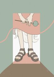 Rule 34 | 1girl, \||/, absurdres, border, colored shadow, commentary request, dress, facing viewer, green border, highres, holding, holding wand, komachi (koma 106), lower body, napoli no otokotachi, no socks, pele (napoli no otokotachi), pink dress, sandals, shadow, simple background, solo, standing, tail, v arms, wand, white background