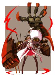 Rule 34 | 10s, 1girl, armor girls project, aura, bare shoulders, black footwear, black hair, black thighhighs, boots, boushi-ya, camouflage, dazzle paint, detached sleeves, hair ornament, hairband, hairclip, hand up, haruna (kancolle), headgear, kantai collection, long hair, machinery, mechanical arms, nontraditional miko, ribbon-trimmed sleeves, ribbon trim, single mechanical arm, skirt, solo, thigh boots, thighhighs, turret, zettai ryouiki