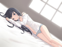 Rule 34 | 1girl, asashio (kancolle), bad id, bad pixiv id, black hair, blue eyes, cnm, feet out of frame, female focus, kantai collection, long hair, long sleeves, looking at viewer, lying, on side, open clothes, open mouth, open shirt, panties, shirt, solo, underwear