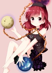 Rule 34 | 1girl, bare legs, bare shoulders, barefoot, black choker, black shirt, blush, breasts, chain, choker, cleavage, clothes writing, collarbone, commentary request, earth (ornament), feet out of frame, green skirt, hecatia lapislazuli, highres, knees up, long hair, looking at viewer, medium breasts, miniskirt, moon (ornament), multicolored clothes, multicolored skirt, off-shoulder shirt, off shoulder, pink background, plaid, plaid skirt, purple skirt, red eyes, red hair, ruu (tksymkw), shirt, short sleeves, simple background, sitting, skirt, smile, solo, t-shirt, touhou
