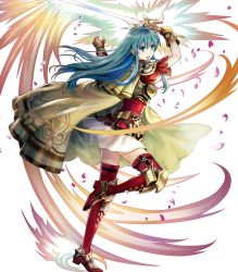Rule 34 | 1girl, armor, asatani tomoyo, blue eyes, blue hair, breastplate, cape, earrings, eirika (fire emblem), fire emblem, fire emblem: the sacred stones, fire emblem heroes, full body, gloves, highres, holding, holding weapon, jewelry, long hair, nintendo, non-web source, official art, open mouth, petals, short sleeves, shoulder pads, skirt, solo, sword, thighhighs, transparent background, weapon, zettai ryouiki