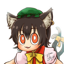 Rule 34 | 1girl, animal ears, profile picture, bow, bowtie, brown hair, cat ears, cat tail, chamaji, chen, chinese clothes, commentary, earrings, hair between eyes, hat, jewelry, looking at viewer, lowres, mob cap, multiple tails, neck, nekomata, mob cap, red vest, ribbon, shirt, short hair, short sleeves, signature, single earring, solo, tail, tail ornament, tail ribbon, touhou, two tails, vest, white shirt
