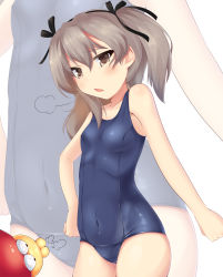 Rule 34 | 10s, 1girl, absurdres, alternate costume, bad id, bad pixiv id, blush, brown eyes, covered navel, girls und panzer, grey hair, highres, nksk, old school swimsuit, one-piece swimsuit, open mouth, school swimsuit, shimada arisu, shiny skin, solo, standing, swimsuit, twintails, zoom layer