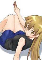 Rule 34 | 1girl, black shirt, blonde hair, blue skirt, blush, breasts, brown eyes, card, from behind, hair between eyes, highres, holding, holding card, long hair, looking at viewer, looking back, medium breasts, miniskirt, nail polish, parted lips, rourou ill, shiny skin, shirt, simple background, sitting, skirt, sleeveless, sleeveless shirt, smile, solo, tenjouin asuka, very long hair, white background, white nails, yu-gi-oh!, yu-gi-oh! gx