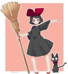 Rule 34 | 1girl, black dress, black hair, blue eyes, bob cut, border, bow, broom, brown footwear, cat, commentary request, dress, flats, gesture, hair bow, highres, holding, holding broom, jiji (majo no takkyuubin), kiki (majo no takkyuubin), looking at viewer, majo no takkyuubin, medium dress, namatyoco, open mouth, outline, outside border, partial commentary, pink background, red bow, short hair, short sleeves, smile, solo, standing, twitter username, white border, white outline