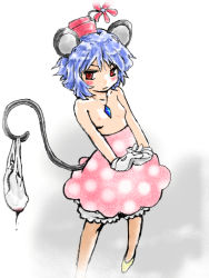 Rule 34 | 1girl, animal ears, bad id, bad pixiv id, bloomers, blue hair, cosplay, disney, female focus, flat chest, gloves, goton goton, grey hair, own hands clasped, hat, minnie mouse, minnie mouse (cosplay), mouse ears, mouse tail, nazrin, nipples, own hands together, parody, polka dot, red eyes, short hair, solo, stretching, tail, topless, touhou, underwear