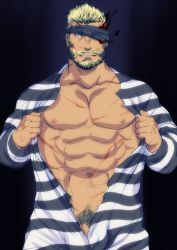 Rule 34 | 1boy, abs, balor (housamo), bara, bare pectorals, beard, black hair, blonde hair, blue eyes, bulge, come hither, cowboy shot, dark-skinned male, dark skin, facial hair, flaming eye, goshingo1, headband, looking at viewer, male focus, male pubic hair, mature male, multicolored hair, muscular, muscular male, naked costume, navel, nipples, open clothes, pectorals, penis, penis peek, presenting, prison clothes, pubic hair, scar, scar on chest, scar on stomach, short hair, solo, stomach, tokyo houkago summoners, two-tone hair