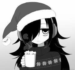 1girl :3 artist_name bags_under_eyes christmas christmas_sweater closed_mouth coffee_mug cup dot_nose food frown gradient_background grey_background greyscale hair_over_one_eye hat headphones highres holding holding_cup jitome kuroki_tomoko long_hair long_sleeves looking_at_viewer marshmallow messy_hair monochrome mug one_eye_covered parasoru_buruu santa_hat shoboon simple_background solo steam sweater upper_body watashi_ga_motenai_no_wa_dou_kangaetemo_omaera_ga_warui! white_background