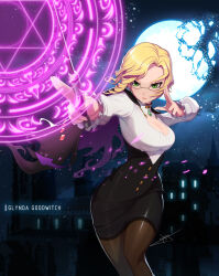 1girl black_corset black_skirt blonde_hair broken_moon brown_pantyhose cape castle character_name cleavage_cutout closed_mouth clothing_cutout commentary corset english_commentary eyelashes glasses glynda_goodwitch green_eyes highres holding holding_wand moon night night_sky official_art outstretched_arm pantyhose rwby shirt short_hair signature skirt sky solo star_(sky) uyalago v-shaped_eyebrows wand white_shirt