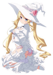 Rule 34 | 1girl, bad id, bad pixiv id, blonde hair, blue eyes, blush, bra, breasts, cleavage, closed mouth, commission, dress, flower, frilled panties, frills, full body, gloves, hair between eyes, hat, hat flower, highres, layered dress, long hair, long sleeves, looking at viewer, medium breasts, original, oueo, panties, pink bra, pink panties, pixiv commission, pleated dress, rose, shoes, simple background, solo, torn clothes, torn dress, twintails, underwear, very long hair, wavy mouth, white background, white dress, white flower, white footwear, white gloves, white hat, white rose, wide sleeves, witch hat