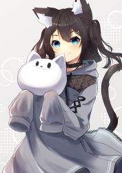 Rule 34 | 1girl, absurdres, animal ear fluff, animal ears, black hair, blue eyes, blush, cat ears, cat girl, cat tail, closed mouth, drawstring, fang, fang out, grey background, grey hoodie, hair between eyes, hands up, highres, hinata (user rjkt4745), holding, hood, hood down, hoodie, long hair, long hoodie, looking at viewer, original, simple background, sleeves past fingers, sleeves past wrists, smile, solo, tail, tail raised, two side up