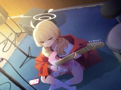 Rule 34 | &gt;:), 1girl, absurdres, ahoge, artist request, bandaid, blonde hair, blue archive, blue carpet, bow, cellphone, collarbone, drum, electric guitar, fender stratocaster, game cg, guitar, hair bow, halo, highres, holding, holding guitar, holding instrument, indian style, indoors, instrument, jacket, kneehighs, long hair, looking at viewer, low twintails, non-web source, official alternate costume, official art, on ground, ornate phone case, phone, pink pupils, pink skirt, plectrum, print shirt, red bow, red jacket, shirt, short sleeves, sitting, skirt, smartphone, socks, solo, tripod, twintails, v-shaped eyebrows, white shirt, white socks, yellow eyes, yellow halo, yoshimi (band) (blue archive), yoshimi (blue archive)
