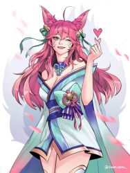 Rule 34 | 1girl, ahri (league of legends), animal ear fluff, animal ears, bare shoulders, bell, breasts, cleavage, cowboy shot, facial mark, finger heart, fox ears, fox tail, hair bell, hair ornament, hand up, japanese clothes, kimono, large breasts, league of legends, long hair, looking at viewer, pink hair, ribbon, sawolapril, smile, solo, spirit blossom ahri, tail, teeth, whisker markings