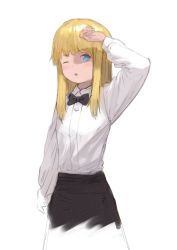 Rule 34 | 1girl, black bow, black bowtie, black skirt, blonde hair, blue eyes, bow, bowtie, collared shirt, copyright request, cowboy shot, dress shirt, hand over eye, hand up, highres, long hair, long sleeves, parted lips, shirt, simple background, skirt, solo, standing, wasabi60, white background, white shirt, wing collar