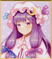 Rule 34 | 1girl, border, closed mouth, crescent, crescent hat ornament, dress, hair ornament, hat, hat ornament, kageharu, long hair, looking at viewer, mob cap, patchouli knowledge, purple eyes, purple hair, red ribbon, ribbon, shikishi, sidelocks, simple background, solo, striped, touhou, traditional media, upper body