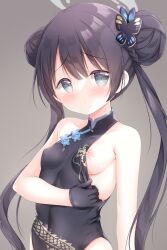 Rule 34 | 1girl, bare arms, bare shoulders, black dress, black gloves, blue archive, blue flower, blush, braid, breasts, butterfly hair ornament, closed mouth, commentary request, covered navel, double bun, dress, flashing, flower, gloves, grey background, grey eyes, hair bun, hair ornament, halo, highres, kisaki (blue archive), long hair, nipples, one breast out, oppai challenge, renew vivi, simple background, sleeveless, sleeveless dress, small breasts, solo, twintails, upper body, very long hair