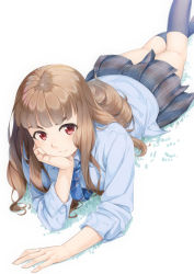 Rule 34 | &gt;:), 1girl, arm support, black skirt, black socks, blue necktie, blue shirt, blue socks, blunt bangs, brown hair, closed mouth, collared shirt, commentary request, feet out of frame, foot up, hand on own cheek, hand on own face, idolmaster, idolmaster cinderella girls, kamiya nao, kneehighs, long hair, long sleeves, looking at viewer, lying, miniskirt, miri (ago550421), necktie, on stomach, plaid, plaid skirt, pleated skirt, red eyes, school uniform, shirt, signature, skirt, smile, smug, socks, solo, striped necktie, striped neckwear