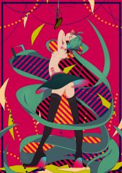Rule 34 | 1girl, barcode, barcode tattoo, boots, breasts, green eyes, green hair, hatsune miku, headphones, long hair, matching hair/eyes, microphone, sameyama jiro, skirt, small breasts, solo, tattoo, thigh boots, thighhighs, topless, twintails, very long hair, vocaloid