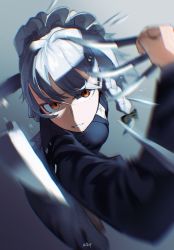 Rule 34 | 1girl, absurdres, black bow, black suit, blast-7, blurry, bow, brown eyes, brown footwear, chromatic aberration, film grain, formal, grey hair, hair between eyes, hair bow, highres, holding, holding knife, holding weapon, izayoi sakuya, knife, long hair, maid headdress, motion blur, parted lips, signature, solo, speed lines, suit, throwing, throwing knife, touhou, weapon