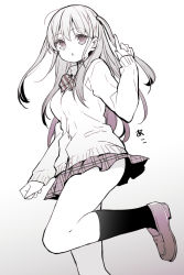Rule 34 | 1girl, breasts, cardigan, chestnut mouth, gradient background, grey background, hand up, highres, index finger raised, itsumi (itumiyuo), loafers, long hair, long sleeves, monochrome, parted lips, plaid, plaid skirt, pleated skirt, saki (manga), school uniform, shoes, skirt, sleeves past wrists, small breasts, socks, solo, standing, standing on one leg, translation request, two side up, unmoving pattern, very long hair, white background