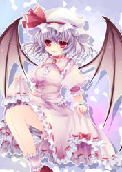 Rule 34 | 1girl, absurdres, bad id, bad pixiv id, bat wings, blue hair, clothes lift, dress, dress lift, female focus, hat, highres, light purple hair, mikazuki sara, red eyes, remilia scarlet, solo, touhou, wings, wrist cuffs