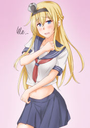 Rule 34 | 1girl, alternate costume, anti (untea9), black hairband, blonde hair, blue eyes, blue sailor collar, blue skirt, braid, commentary request, crown, embarrassed, french braid, gradient background, hairband, highres, kantai collection, long hair, looking at viewer, mini crown, navel, neckerchief, pink background, pleated skirt, red neckerchief, sailor collar, school uniform, serafuku, skirt, solo, squiggle, warspite (kancolle)