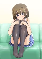 Rule 34 | 1girl, aged down, bare shoulders, black thighhighs, blue eyes, blush, body blush, brown hair, couch, diesel-turbo, hair ornament, hugging own legs, looking at viewer, lyrical nanoha, mahou shoujo lyrical nanoha, mahou shoujo lyrical nanoha a&#039;s, on couch, panties, pantyshot, shiny clothes, shiny skin, short hair, sitting, skirt, smile, solo, striped clothes, striped panties, thighhighs, underwear, x hair ornament, yagami hayate