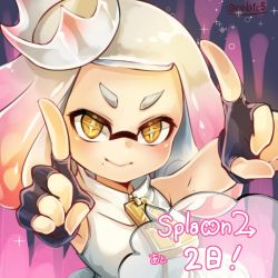Rule 34 | !, + +, 1girl, bad id, bad twitter id, bare shoulders, blush, conomi-c5, countdown, crown, fingerless gloves, gloves, gradient hair, index finger raised, inkling, looking at viewer, mole, mole under mouth, multicolored hair, nintendo, pearl (splatoon), pink hair, short eyebrows, sleeveless, smile, solo, speech bubble, splatoon (series), splatoon 2, symbol-shaped pupils, tentacle hair, text focus, twitter username, two-tone hair, upper body, white hair, yellow eyes, zipper