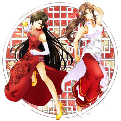Rule 34 | 2girls, 3mame 000 185, aerith gainsborough, bare shoulders, bead bracelet, beads, black hair, bracelet, braid, braided ponytail, breasts, brown eyes, brown hair, china dress, chinese clothes, clenched hands, dress, earrings, elbow gloves, fighting stance, final fantasy, final fantasy vii, full body, gloves, green eyes, hair ornament, hair ribbon, holding, holding staff, jewelry, long hair, mandarin collar, medium breasts, multiple girls, official alternate costume, parted bangs, pump, red dress, red ribbon, red skirt, ribbon, side slit, sidelocks, skirt, skirt under dress, sleeveless, sleeveless dress, staff, swept bangs, tifa lockhart, wavy hair, white dress, white footwear, white gloves, yellow footwear
