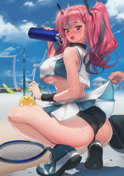 Rule 34 | 1girl, ass, azur lane, bare shoulders, beach, black panties, blurry, bow, breasts, bremerton (azur lane), bremerton (scorching-hot training) (azur lane), clothes pull, commentary, covered erect nipples, day, depth of field, embarrassed, full body, grey hair, hair between eyes, hair bow, hair ornament, hairclip, heart, heart necklace, highres, jewelry, large breasts, long hair, looking at viewer, looking back, mhk (mechamania), multicolored hair, necklace, open mouth, outdoors, panties, pink eyes, pink hair, pulling another&#039;s clothes, shirt, sidelocks, skirt, skirt pull, sleeveless, sleeveless shirt, sportswear, squatting, streaked hair, tennis uniform, two-tone shirt, underboob, underwear, x hair ornament