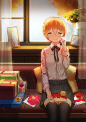 Rule 34 | 10s, 1girl, black ribbon, black skirt, black thighhighs, blush, box, closed eyes, collared shirt, couch, curtains, envelope, eyebrows, flower, gift, gift box, hoshizora rin, indoors, long sleeves, love live!, love live! school idol festival, love live! school idol project, neck ribbon, nose blush, on couch, orange hair, picture frame, ribbon, shirt, short hair, sitting, skirt, smile, solo, tears, thighhighs, white shirt, window, wiping tears, zettai ryouiki, zhanzheng zi