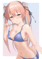 Rule 34 | 1girl, :&gt;, bikini, bikini pull, black ribbon, blue bikini, blush, breasts, brown eyes, cleavage, clothes pull, commentary request, hair between eyes, hair ribbon, half-closed eyes, highres, johnston (kancolle), kantai collection, light brown hair, long hair, looking at viewer, medium breasts, ribbon, sakieko, simple background, smile, solo, swimsuit, two side up