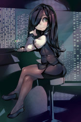 Rule 34 | 1girl, absurdres, aria wintermint, bar (place), black footwear, black hair, black pantyhose, black skirt, building, city, cloud, cloudy sky, cocktail glass, commission, crossed legs, cup, drinking glass, formal, green eyes, hair over one eye, highres, indoors, juliet sleeves, lips, long hair, long sleeves, looking at viewer, looking back, night, nose, olive, pantyhose, parororo, pencil skirt, puffy sleeves, resolution mismatch, revision, shoes, sitting, skirt, skirt suit, sky, skyscraper, solo, source larger, suit, the crawling city, toon (style)