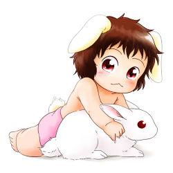 Rule 34 | 1girl, :3, aged down, animal ears, baby, bare legs, barefoot, brown hair, chinon, diaper, female focus, full body, inaba tewi, rabbit, rabbit ears, rabbit girl, rabbit tail, red eyes, short hair, simple background, sitting, solo, tail, topless, touhou, white background