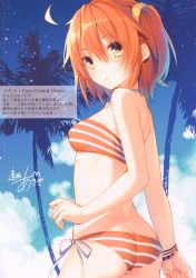 Rule 34 | 1girl, :&lt;, absurdres, ahoge, artist name, ass, bikini, blush, bracelet, brilliant summer, brown eyes, butt crack, cloud, commentary request, day, fate/grand order, fate (series), from behind, fujimaru ritsuka (female), fujimaru ritsuka (female) (brilliant summer), hair between eyes, hair ornament, hair scrunchie, highres, jewelry, looking at viewer, looking back, official alternate costume, one side up, orange hair, orange scrunchie, palm tree, scrunchie, short hair, side-tie bikini bottom, sky, solo, striped bikini, striped clothes, swimsuit, toosaka asagi, tree