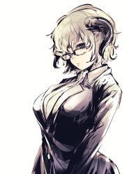 Rule 34 | 1girl, bad id, bad tumblr id, black-framed eyewear, blonde hair, blue eyes, breasts, collared shirt, glasses, hair over one eye, highres, hometa, horns, jacket, large breasts, long sleeves, looking at viewer, one eye covered, original, parted lips, purple jacket, shirt, short hair, simple background, sketch, solo, upper body, white background, white shirt, wing collar