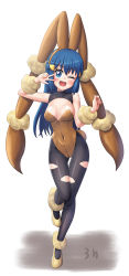 Rule 34 | 1girl, alternate costume, animal ears, arm up, bare shoulders, black pantyhose, blue eyes, blue hair, blush, brown hairband, brown leotard, completion time, cosplay, covered navel, creatures (company), dawn (pokemon), els (ljhlee12), fake animal ears, fake tail, female focus, full body, game freak, gen 4 pokemon, gluteal fold, hair ornament, hairband, hairclip, hand up, happy, head tilt, highres, knees together feet apart, leg up, leotard, long hair, looking at viewer, lopunny, lopunny (cosplay), matching hair/eyes, mega lopunny, mega lopunny (cosplay), mega pokemon, nintendo, one eye closed, open mouth, pantyhose, playboy bunny, pokemon, pokemon dppt, rabbit ears, rabbit tail, shiny clothes, shiny skin, shoes, sidelocks, simple background, smile, solo, standing, standing on one leg, strapless, strapless leotard, tail, torn clothes, torn pantyhose, w, w over eye, white background, wink, yellow footwear