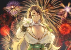 Rule 34 | 1girl, breasts, brown hair, cleavage, cup, drinking glass, eyelashes, female focus, firework background, fireworks, green eyes, hand on own hip, highres, holding, holding cup, huge breasts, incoming drink, larribee, last origin, long hair, meme, new year, night, one eye closed, outdoors, shiny skin, sky, smile, solo, steel draco (last origin), the great gatsby, uniform, upper body, wine glass, wink