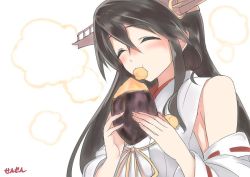 Rule 34 | 10s, 1girl, artist name, bare shoulders, black hair, closed eyes, detached sleeves, eating, food, hair ornament, hairband, haruna (kancolle), holding, holding food, japanese clothes, kantai collection, long hair, nontraditional miko, roasted sweet potato, sensen, solo, sweet potato, upper body, white background
