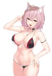 Rule 34 | 1girl, absurdres, ahoge, amane chikaze, animal ears, arm strap, arm up, armpits, bare arms, bare shoulders, bikini, black bikini, black choker, breasts, choker, cleavage, collarbone, cowboy shot, halterneck, hand on own hip, highres, index finger raised, indie virtual youtuber, jewelry, large breasts, looking at viewer, medium hair, mole, mole under eye, nakamura nagare, navel, necklace, open mouth, pink hair, smile, solo, standing, stomach, strap gap, string bikini, swimsuit, thighs, transparent background, virtual youtuber, yellow eyes