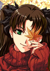 Rule 34 | 00s, 1girl, absurdres, black hair, covering one eye, earrings, eyelashes, fate/stay night, fate (series), green eyes, hair ribbon, highres, jewelry, jian huang, leaf, long hair, looking at viewer, maple leaf, one eye covered, parted bangs, portrait, ribbon, single earring, smile, solo, stud earrings, sweater, tohsaka rin, turtleneck, twintails, two side up, upper body