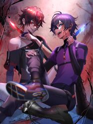 Rule 34 | 2boys, absurdres, bandaged arm, bandages, bishounen, black hair, black nails, blood, blood on face, blue eyes, boots, commentary, cross-laced footwear, ear piercing, earrings, english commentary, fangs, glowing, glowing eyes, hand on own knee, highres, holding, holding knife, indie virtual youtuber, jewelry, knife, kuro kurenai, lace-up boots, looking at viewer, multicolored hair, multiple boys, one eye closed, open mouth, piercing, purple hair, red eyes, red hair, ringed eyes, short hair, shoto (vtuber), single off shoulder, sitting, smile, stitched arm, stitched torso, stitches, streaked hair, tongue, tongue out, torn clothes, two-tone hair, virtual youtuber, vshojo, yuarima2