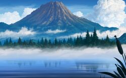 Rule 34 | blue sky, cloud, fog, forest, game cg, justinas vitkus, lake, landscape, misty lake, mountain, mountainous horizon, nature, no humans, official art, outdoors, pine tree, plant request, reflection, reflective water, sky, third-party source, touhou, touhou cannonball, tree